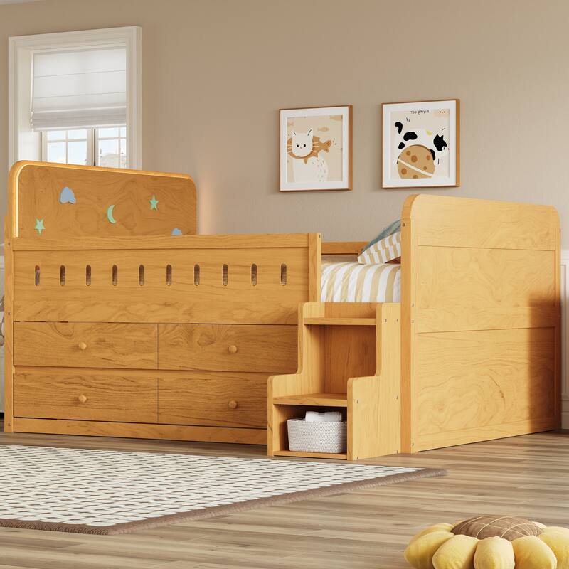 GDFStudio - Wooden Bed with Storage Drawers, Ladder Shelves and LED