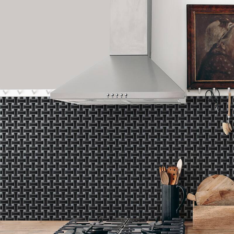 Merola Tile Metro Dog Bone Basketweave Matte Black with Glass Silver Dot 10" x 10" Porcelain Mosaic Wall Tile - Sample swatch
