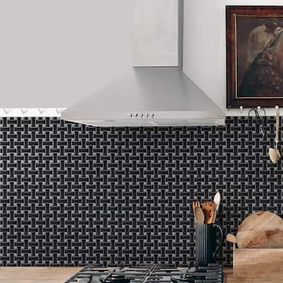 Merola Tile Metro Dog Bone Basketweave Matte Black with Glass Silver Dot 10" x 10" Porcelain Mosaic Wall Tile