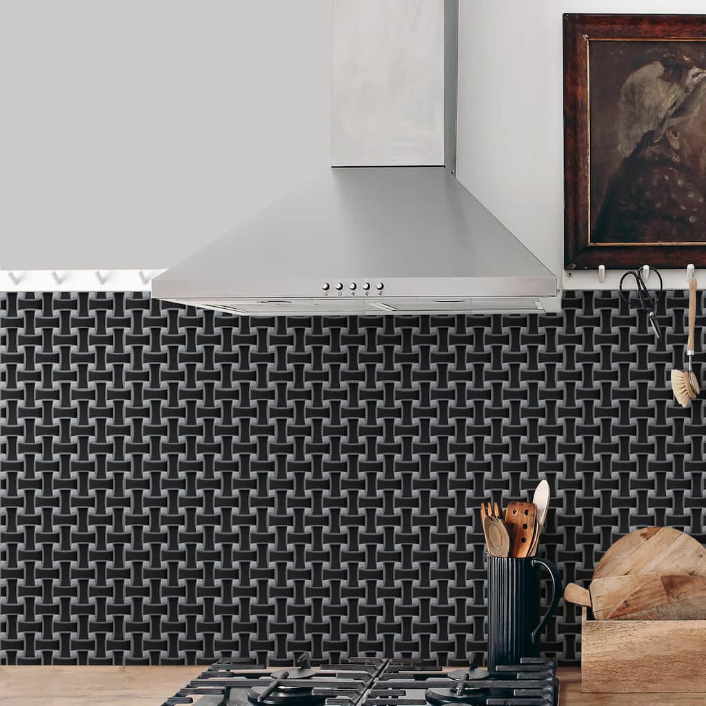 Merola Tile Metro Dog Bone Basketweave Matte Black with Glass Silver Dot 10" x 10" Porcelain Mosaic Wall Tile