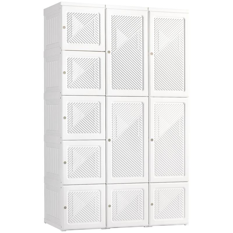 White Wardrobe Armoire Cabinet with 11 Cube Compartments & Hanging Rod, Portable Clothes Storage Organizer for Bedroom