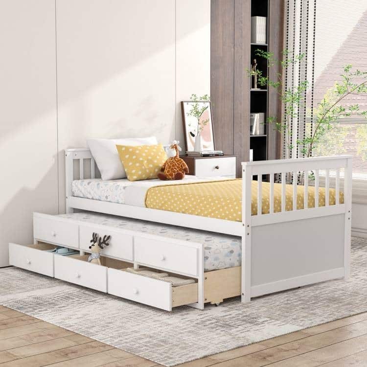 Pine Wood Twin Captain Bed with Trundle and 3 Storage Drawers