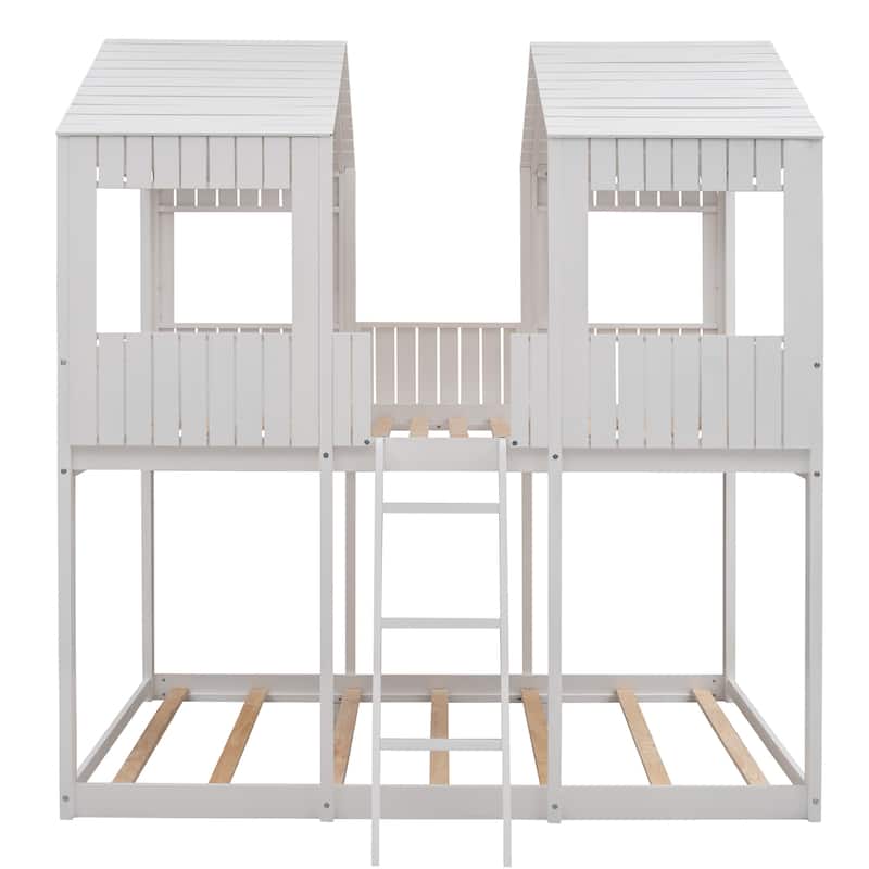 Full Over Full WoodBunk Bed with Roof, Window, Guardrail, Ladder(White)