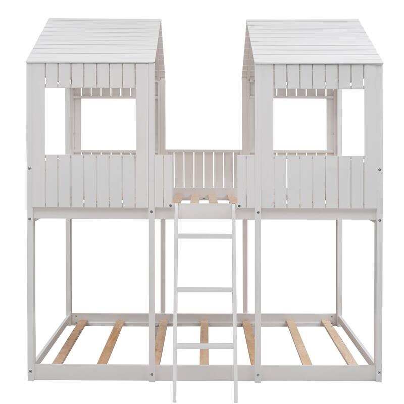 WoodBunk Bed with Roof, Window, Guardrail, Ladder