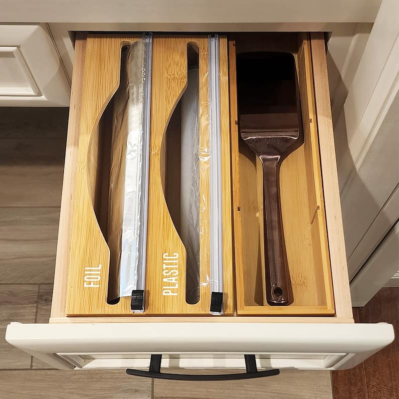 Luxe Bamboo Plastic Wrap/Wax Paper/Aluminum Foil Dispenser for Drawer or Wall Mountable - Cling Wrap / Tin Foil Kitchen Holder