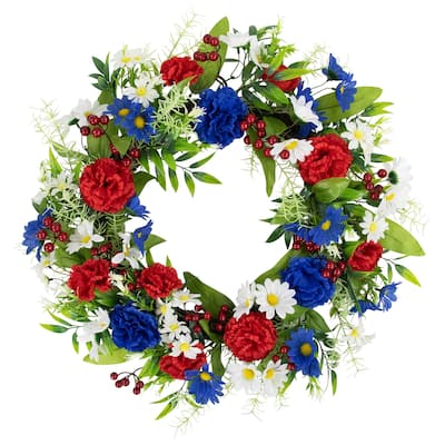 Carnations and Daisies Patriotic Wreath - 20" - Red, White and Blue