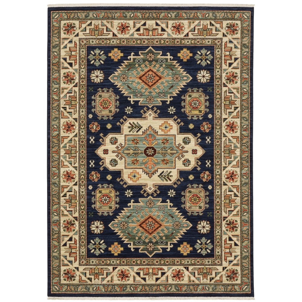 Style Haven Leander Tribal Medallion Navy/ Multi Fringed Wool Blend Area Rug.
