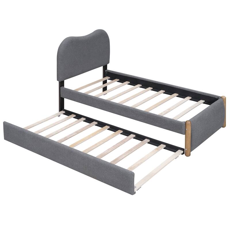 Upholstered Platform Bed with Wood Supporting Feet and Twin Size Trundle