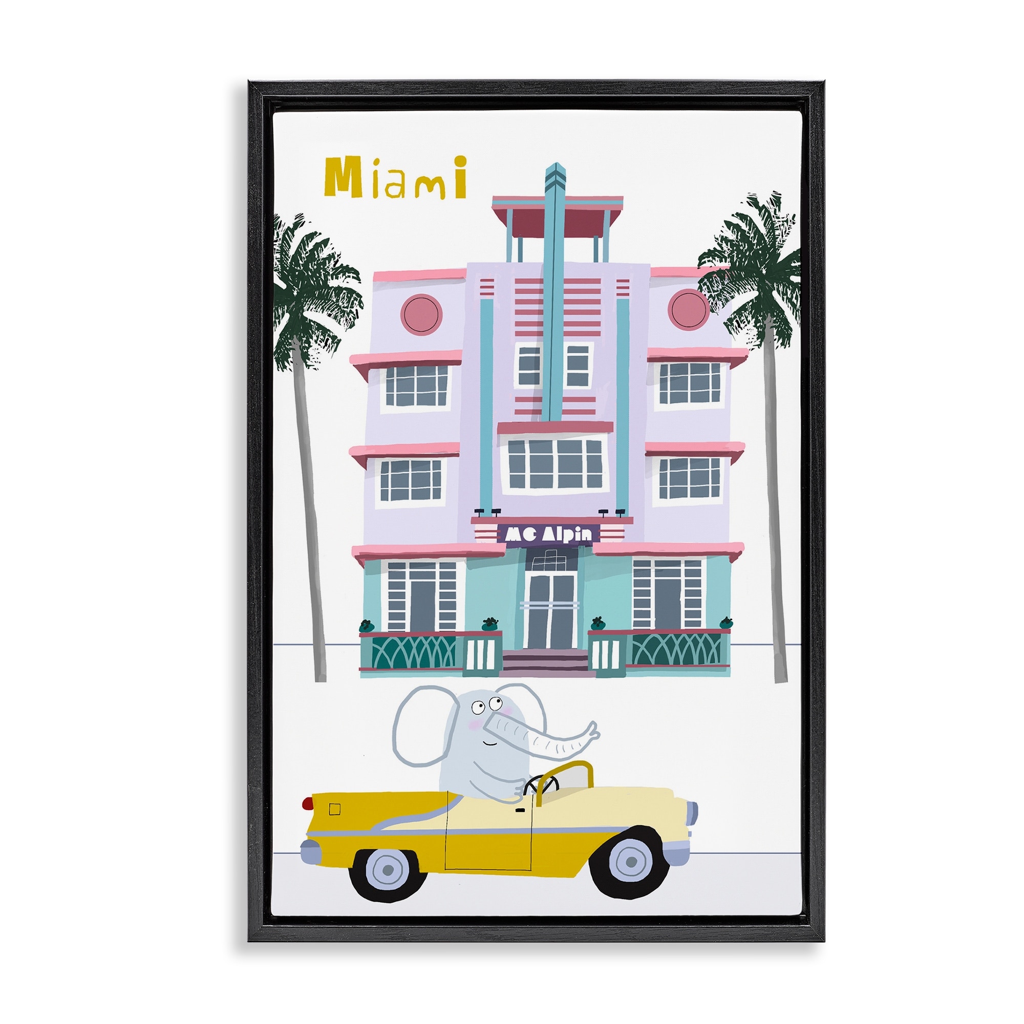Stupell Elephant & Miami Hotel Framed Floater Canvas Wall Art Design By Carla Daly
