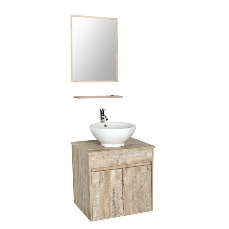 24" Bathroom Vanity Set Tempered Glass/ Ceramics Sink Combo Wall Mounted Natural Cabinet Faucet Drain Mirror