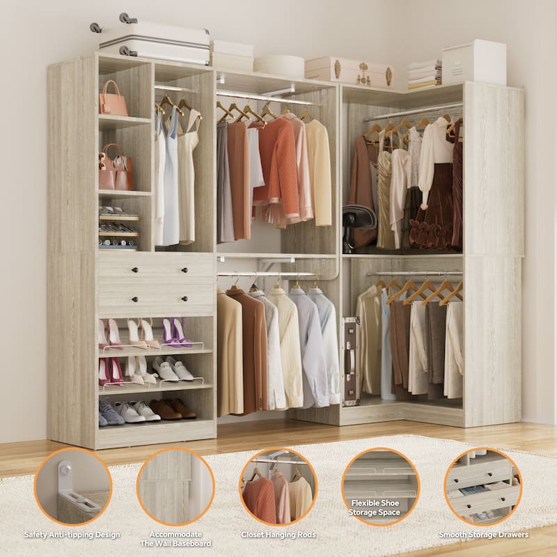 Rackcog Freestanding Corner Closet System Set, Closet Organizer with Hanging Rods and Drawers