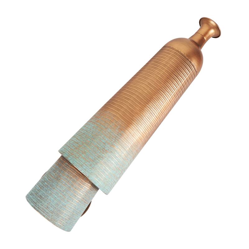 Metal Ribbed Textured Vase with Distressed Teal Accents - Set of 2 Copper - Roche River Decor - 9"W x 9"L x 29"H