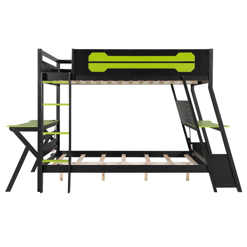 E-sports Inspired Bunk Bed with 2 Built-In Gaming Desks, USB Desktop Ports and Pegboard Organizer, Bunk Frame for Teens Gamer