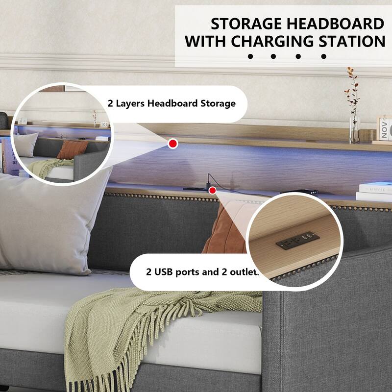 Twin Size Sofa with Storage Drawers,Upholstered Daybed with Charging Station and LED Lights