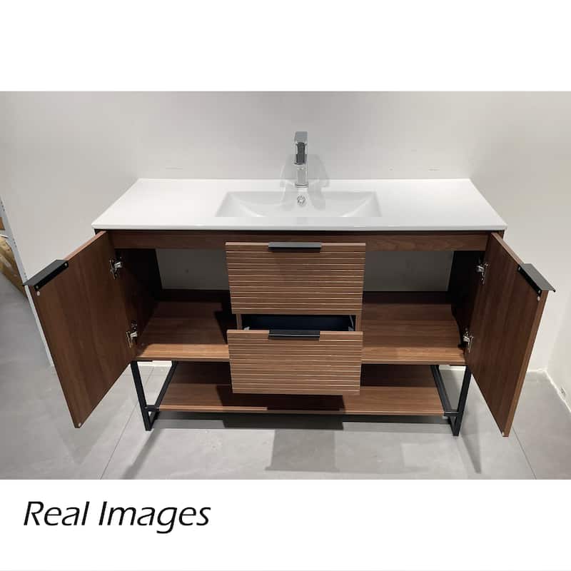 47'' Single Bathroom Vanities with White Stone Top, Brown Solid Wood