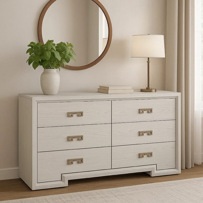 Basil 6 Drawer Wide Dresser, Rustic White Solid Wood, Cedar Lining