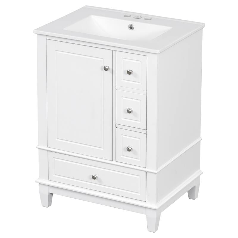 24" Bathroom with Sink and Drawers,Freestanding Cabinet with Ceramic Top and Shelves,MDF and Wood Base,Modern Sink Cabinet