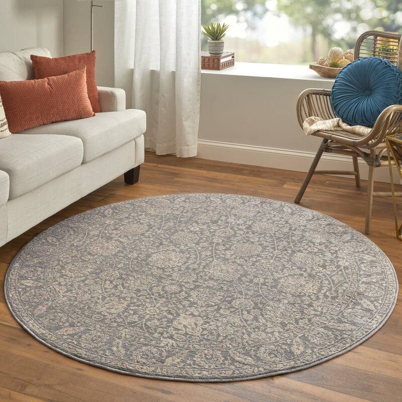 Botanical-Inspired Design Crafted with Power Looming Round Rug - 6' Round
