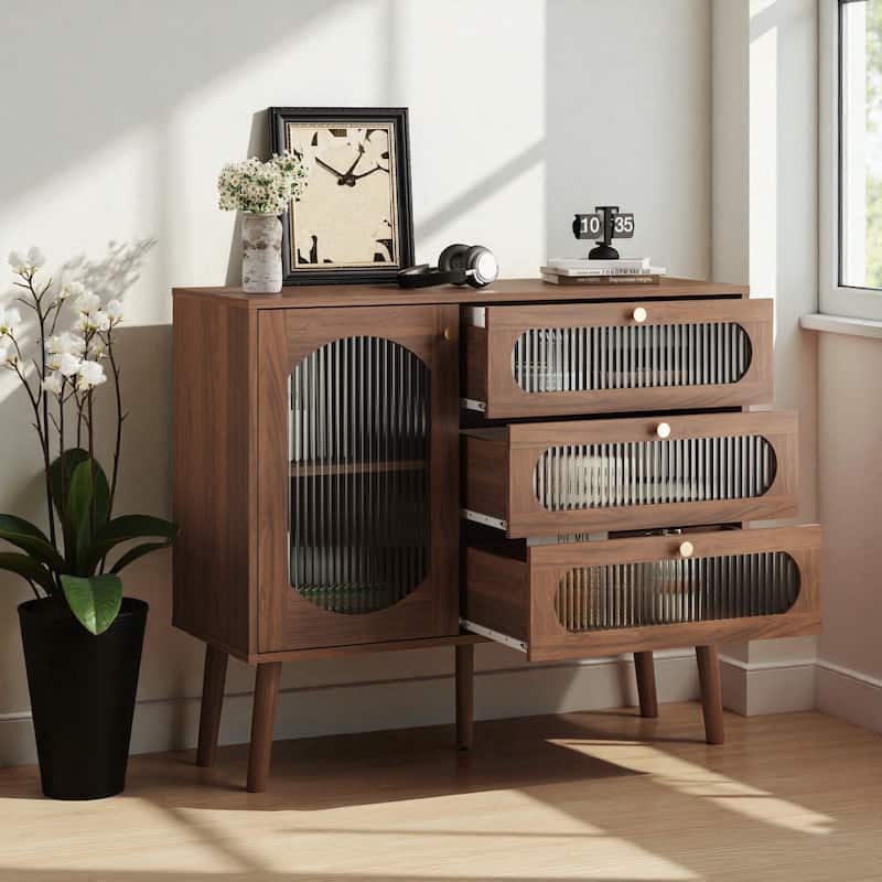 Natural Wood Accent Cabinet with 3 Drawers and Door, Storage Sideboard with Shelves for Living Room or Entryway