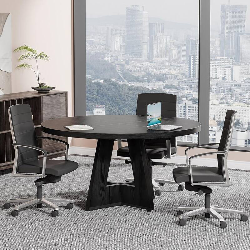 47" Round Conference Table Meeting Room Table with Thickened Top Wood Base Modern Training Desk for Conference/Seminar Room