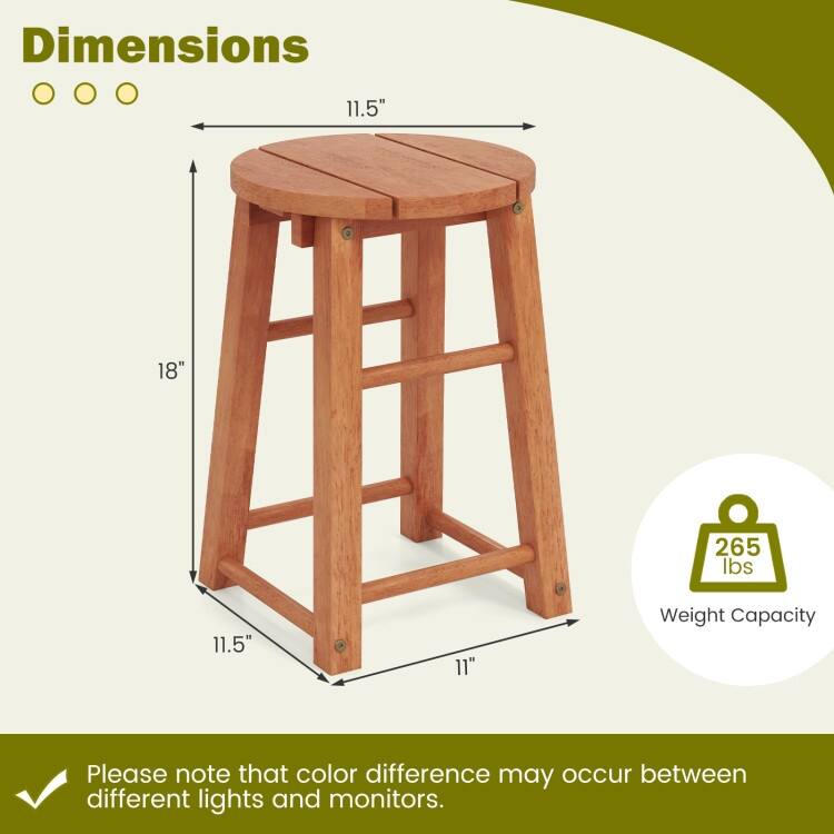 Natural Eucalyptus Wood Outdoor Bar Stools Set of 2 with Crossbars and Comfortable Seat - 11.5" x 11.5" x 18"