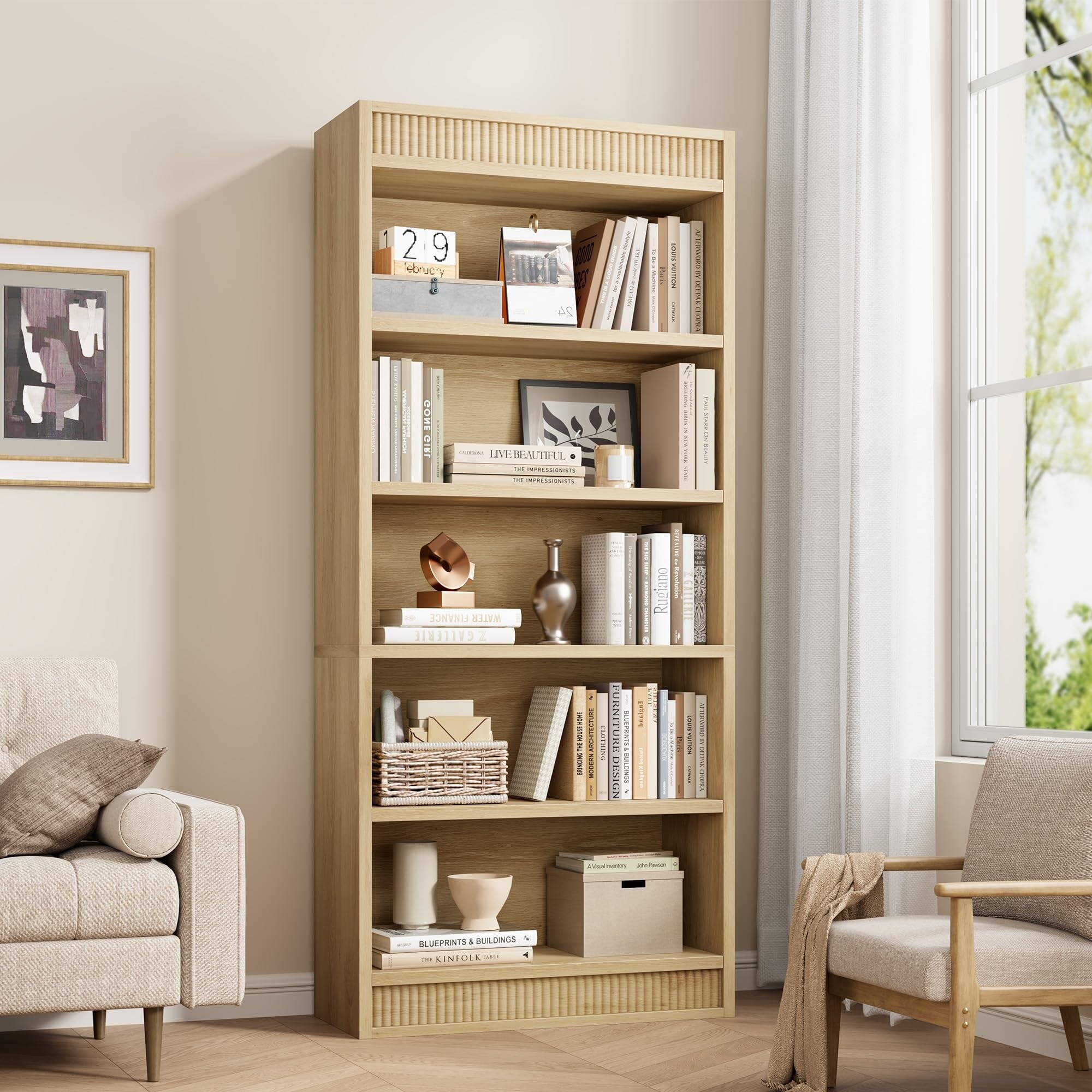 71" Farmhouse Bookcase, 5 Tier Tall Bookshelf with Wooden Base