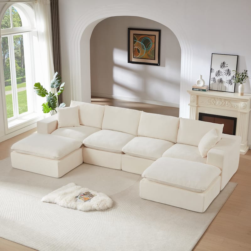U-Shaped Sectional Sofa with 2 Ottomans, Oversized Chenille Upholstered Cloud Sofa, Deep Seat Sofa with Pillows