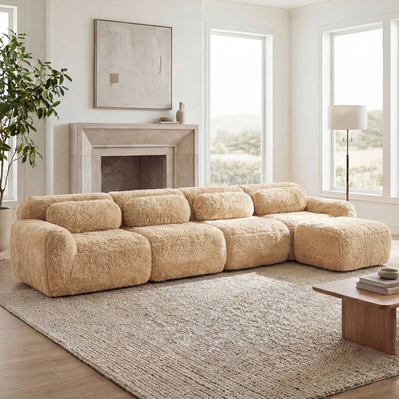 Homy Casa Light Khaki Modular Sectional Sofa, Soft Plush Fabric Cloud Couch with Anti-Slip Base & Decorative Pillows