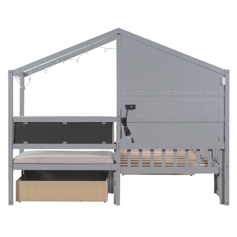 Twin Size House Bed with Upholstered Sofa,Charging Station,Wireless Charging,Shelves and 2 Drawers