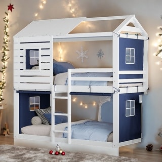Playhouse Design Twin Size Bunk Wood House Bed with Tent, Blue+White