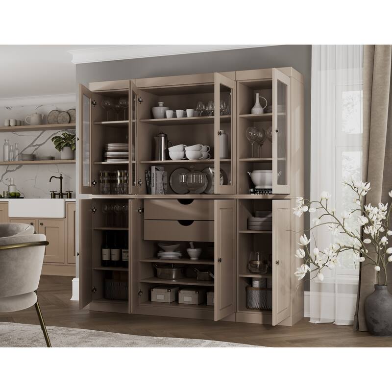 100% Solid Wood Kitchen China Pantry Buffet with Glass or Solid Wood Doors and 2-Drawer Kit by Palace Imports - 65" x 71.5" - Beige - 4 Clear Glass-4 Solid