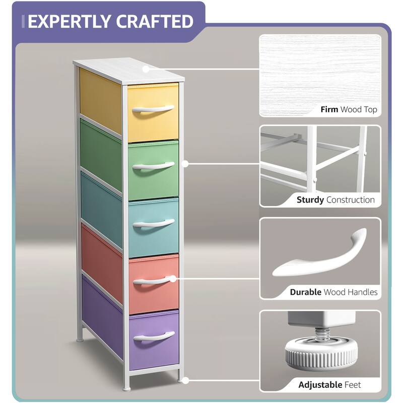 Sorbus Narrow Dresser with 5 Drawers - Vertical Slim Storage Chest of Drawers with Steel Frame, Wood Top & Easy Pull Fabric Bins