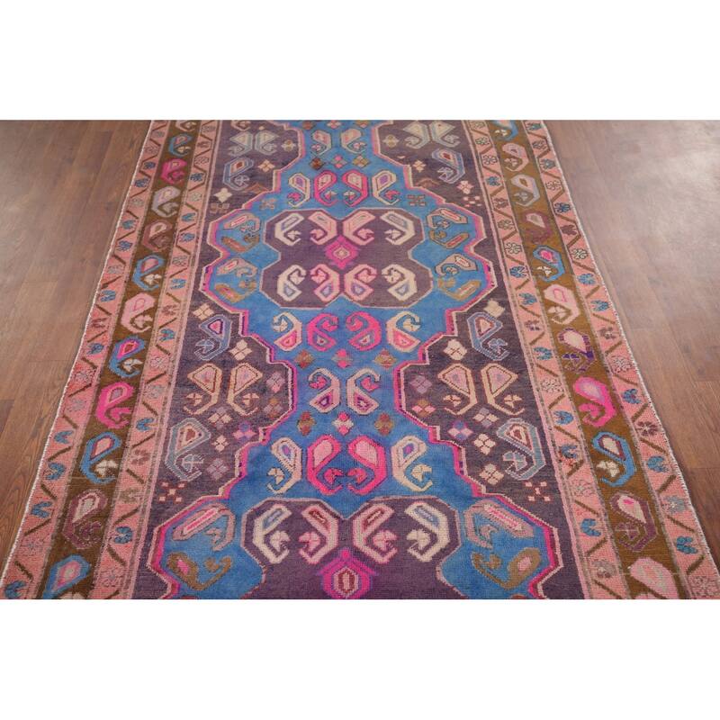 Geometric Meshkin Persian Vintage Runner Rug Hand-Knotted Wool Carpet - 3'9" x 10'6"