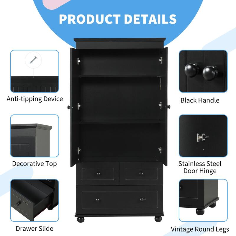 Versatile Freestanding Vertical Stripe Storage Cabinet with Cnclosed 2 Doors Cabinet, 3 Drawers and Adjustable Shelf