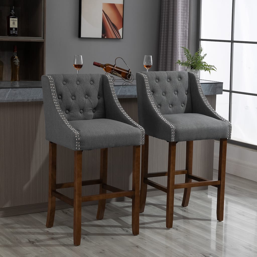 HOMCOM Modern Mid-Back Bar Stools with Nailhead Tufted Upholstery, Counter Dining Chair Set of 2 - 21*21.75*42.5