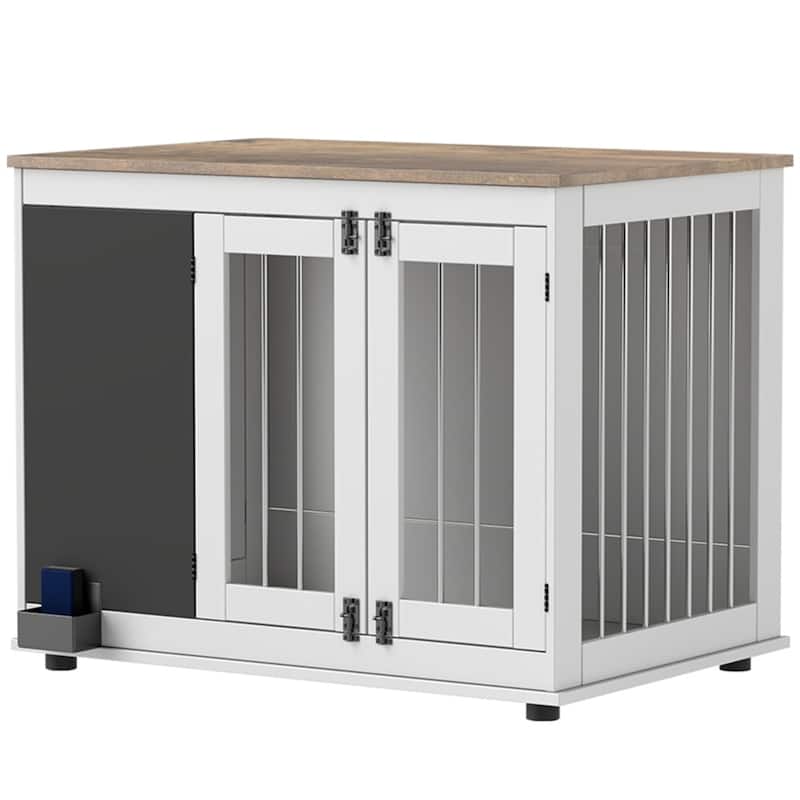 White Dog Crate with Steel Bars, Double Front Doors - 38.6" W x 25.6" D x 30.7" H