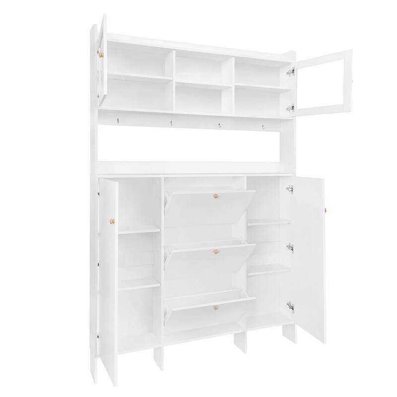 Hall Tree and Shoe Storage Bench with Flip Drawers and Doors