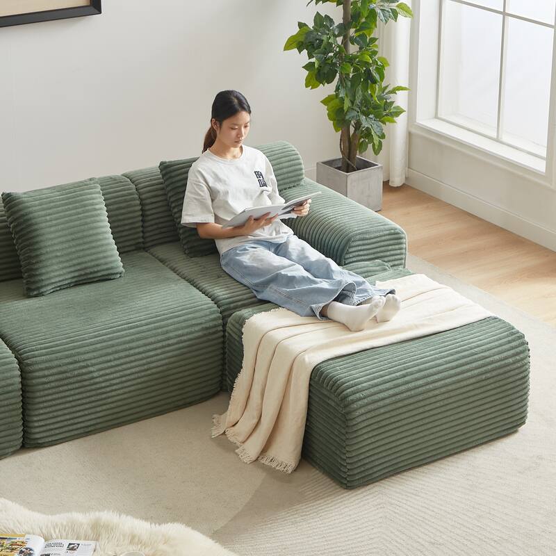 Inlaid Structural Sleeper Sectional Sofa Bed with Ottoman, Corduroy Modular Boneless Couch with Wider Armrests and Backrests