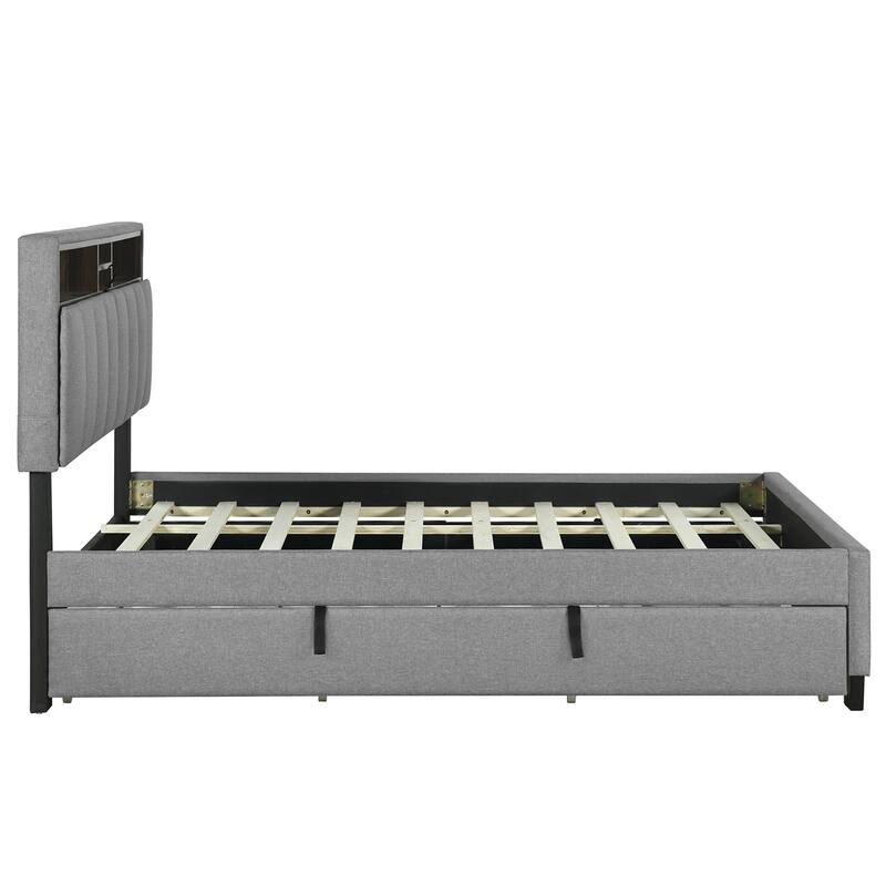 Full size Upholstered Platform Bed with Twin Size Trundle & 2 Drawers