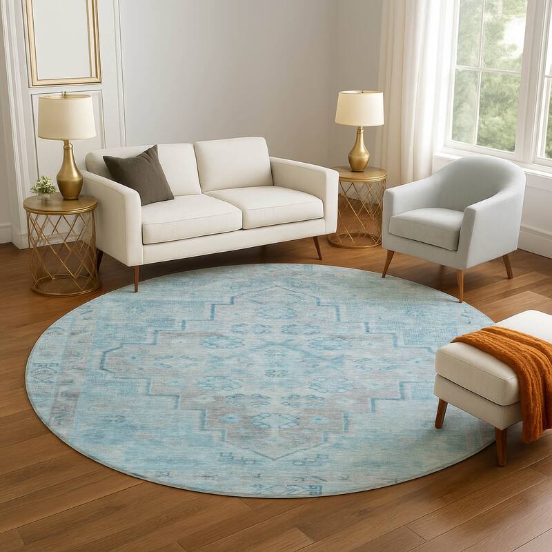 Premium Washable Super Soft Vintage Traditional Mayfield Rug - Sky - 8' x 8'