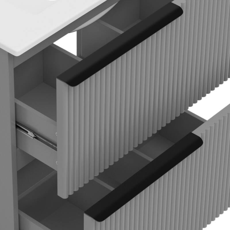 Vertical Grooves Bathroom Cabinet Storage Vanity with Ceramic Sink, Full-Extension Split Drawers and Soft Close Drawer Slides