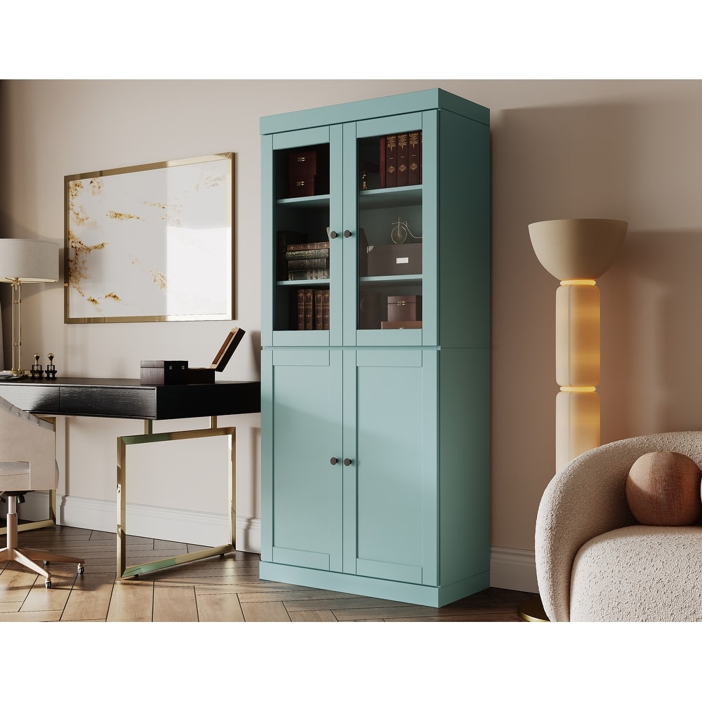 Palace Imports 100% Solid Wood 6-Shelf Bookcase, Shaker & Clear Glass Doors, Adjustable Shelves, 32" Wide, 71.5" Tall