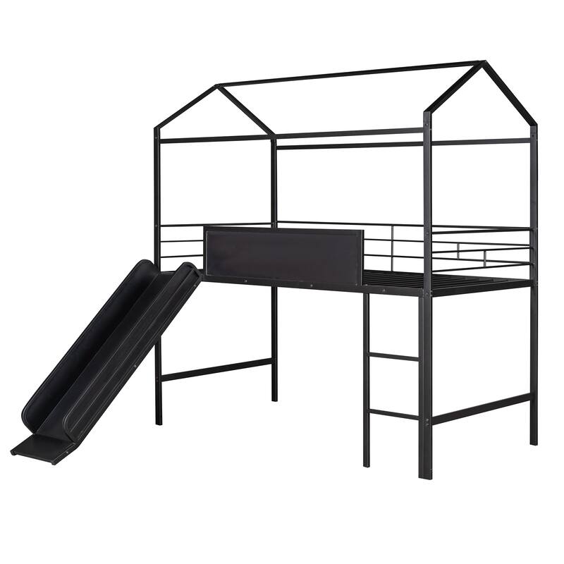 Twin Size Metal Loft Bed with Slide & Two-Sided Writable Wooden Boards - Metal House Bed Design