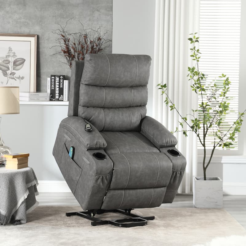 21"W Large Size Electric Power Lift Recliner,8 Point Vibration Massage And Lumber Heat,Remote Control,Side Pockets,Cup Holders - Grey
