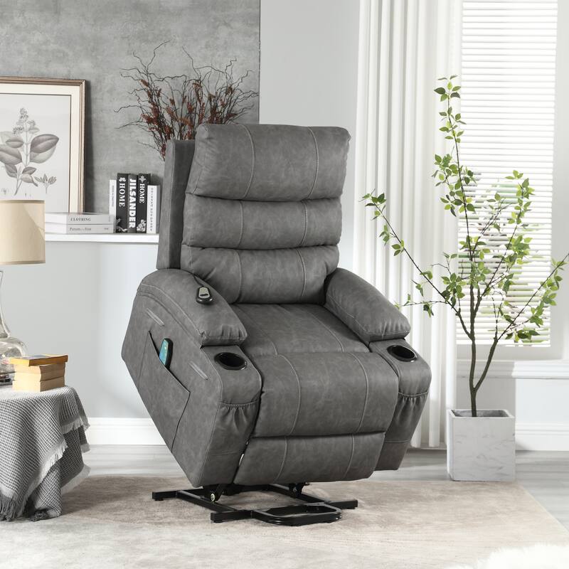 21 inch Seat Width Large Electric Power Lift Recliner for Elderly 8 Point Massage Lumbar Heat Remote Side Pockets Cup Holders - Grey
