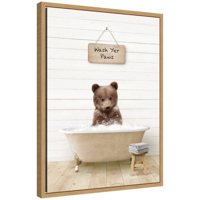 Kate and Laurel Sylvie Bear Cub in Modern Bathtub Wash Your Paws Framed Canvas by Amy Peterson - Natural