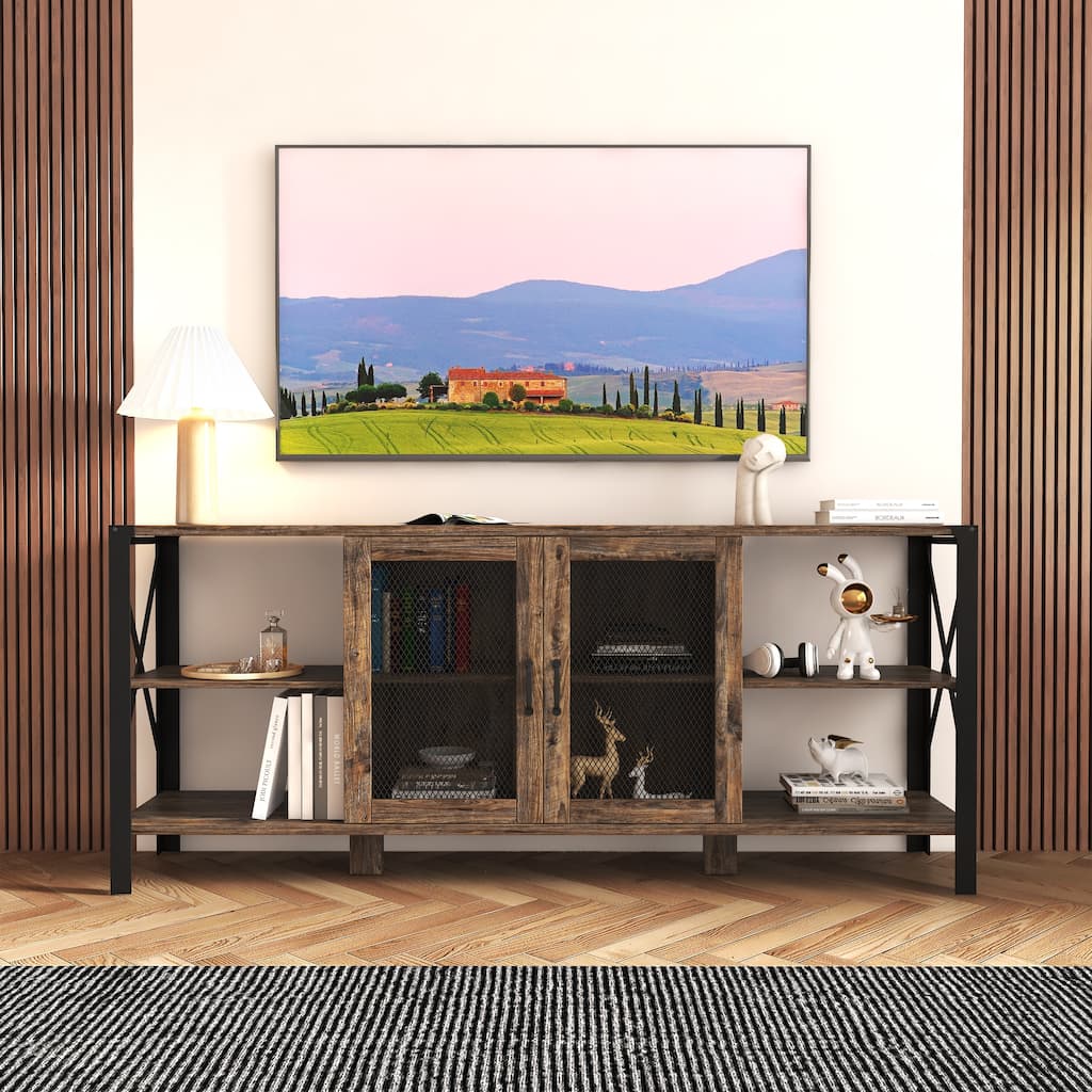 Industrial Wood & Metal Open Bookshelf Horizontal TV Stands up to 80" for Living Room