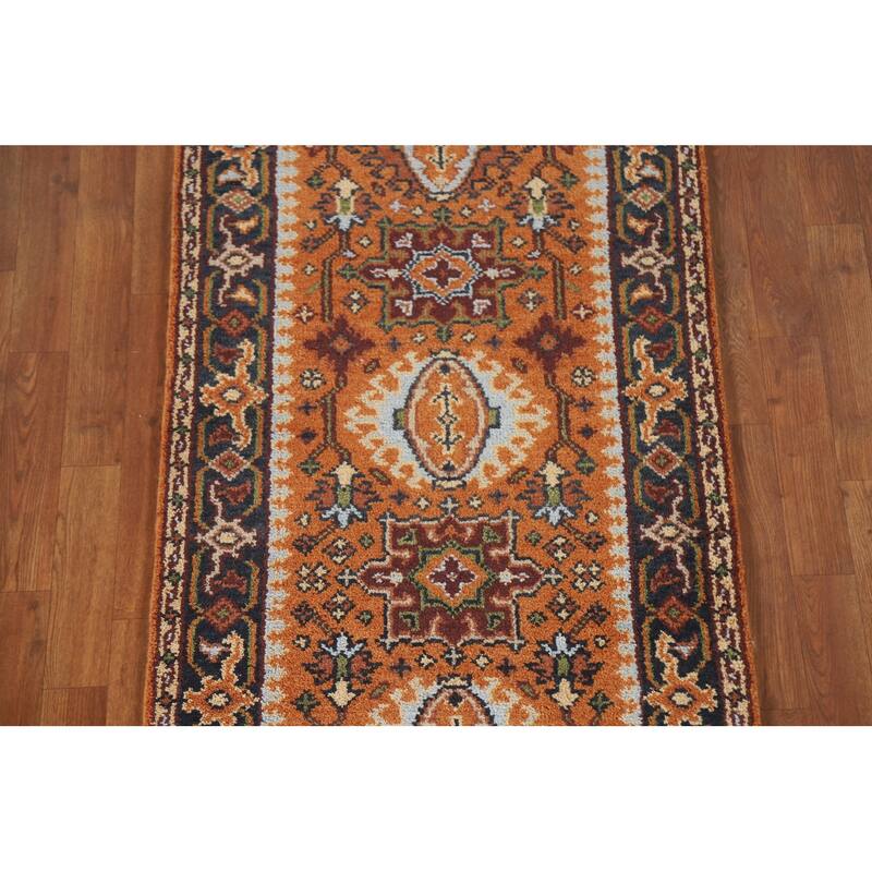 Geometric Orange Kazak Indian Runner Rug Handmade Wool Carpet - 2'7"x 9'11"