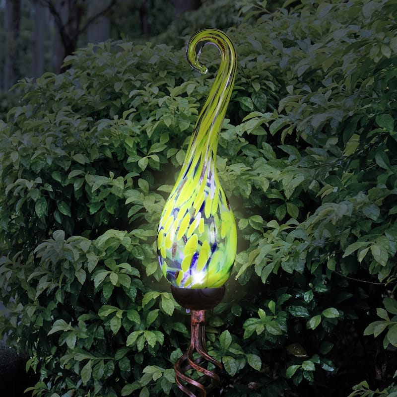 Exhart Solar Hand Blown Pearlized Glass Spiral Flame Garden Stake with Metal Finial Detail, 36 Inch