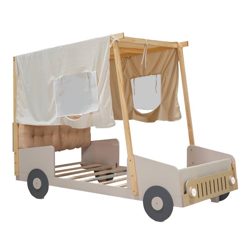 Twin Bed Frame for Kids, Twin Car Bed Wood Twin Size Car-Shaped Platform Bed with Pillow, Ceiling Cloth and LED